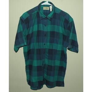 Vtg L.L. Bean Cool Weave Mens Medium SS Button Shirt Green Blue Plaid Cotton USA